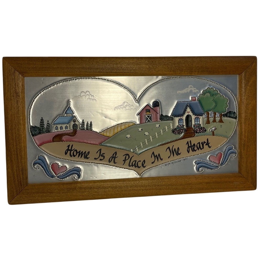 Vintage Folk Home Is A Place In The Heart Wood Framed Tin Punch Art 90s CottagE